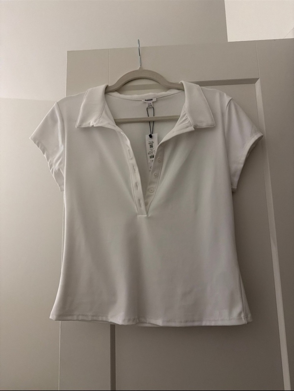 Garage White Short Sleeve Polo V-Neck Top
